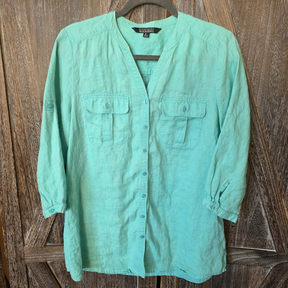 Nicole Miller Shirt Women's Size Large Light Teal Button Up 100% Linen Tunic